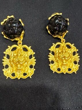 Gold-tone Lion Medallion Drop Earrings with Black Resin Tops